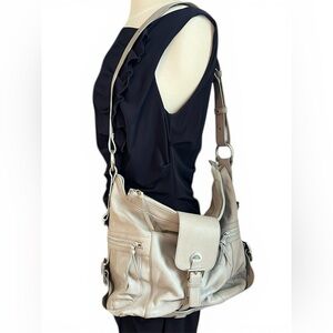 Y2K Aqua Madonna Gray Leather Crossbody Bag Slouchy Multi Pocket
